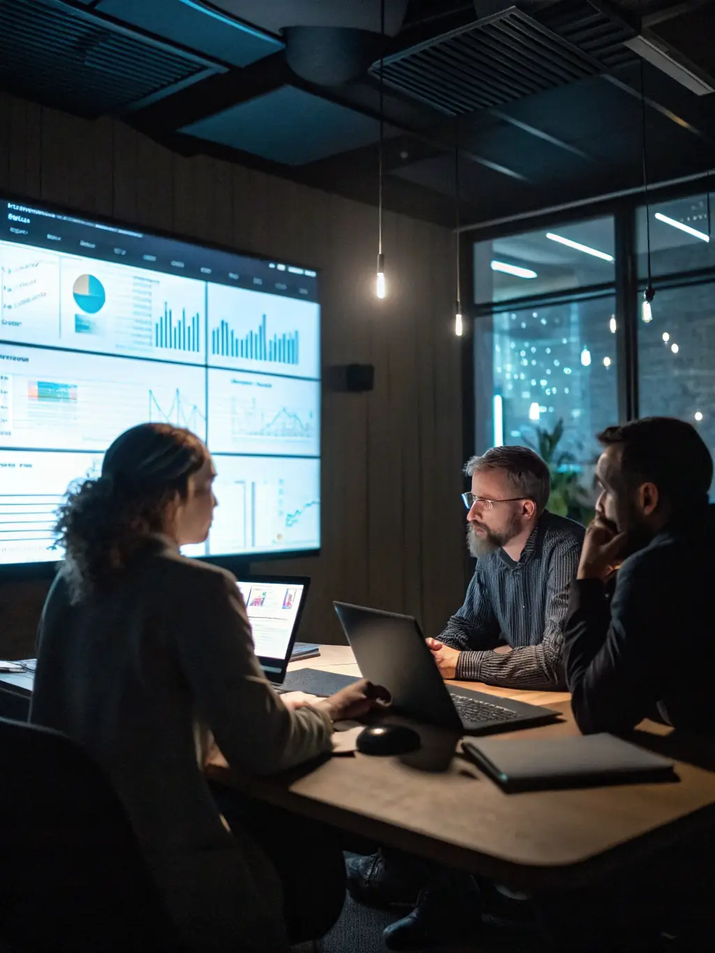 An image depicting a team of consultants collaborating with a client in a modern office setting, discussing business transformation strategies.