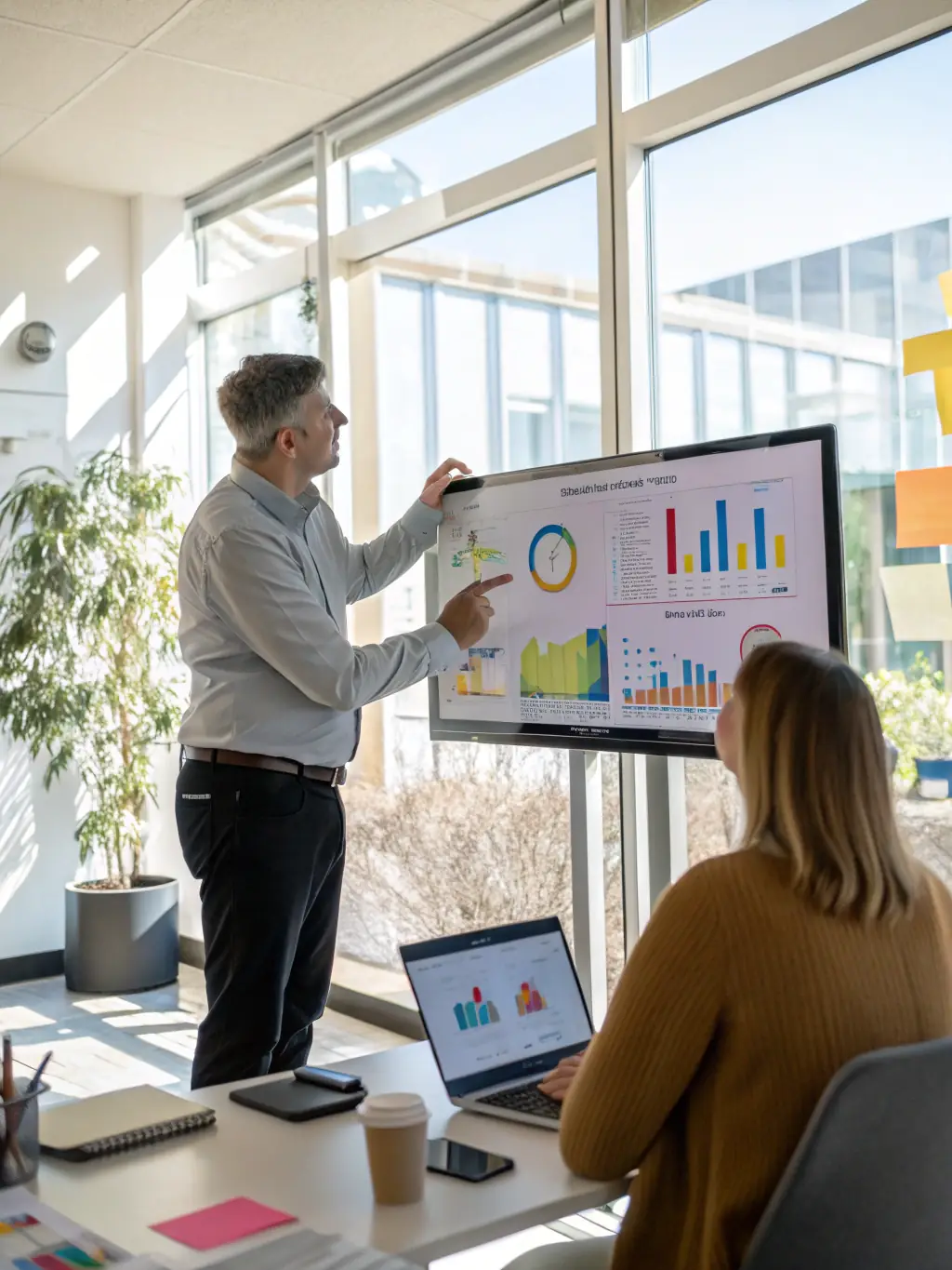 An image of a consultant presenting data-driven insights to a client, showcasing the use of analytics in decision-making.